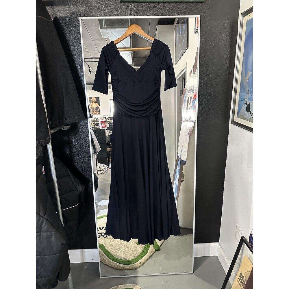 Vintage 90s Evanese Navy Black Off Shoulder Draped Floor Length Formal Gown Med